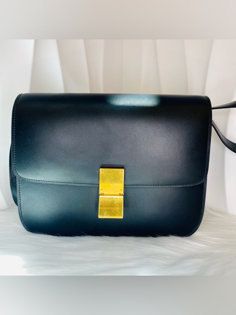 Celine Box Black Leather Shoulder Bag with Gold Closure